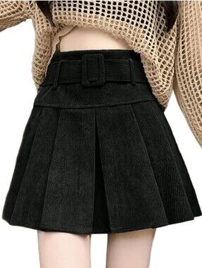 SHEIN High-Rise Black Corduroy Pleated Mini Skirt with Matching Belt